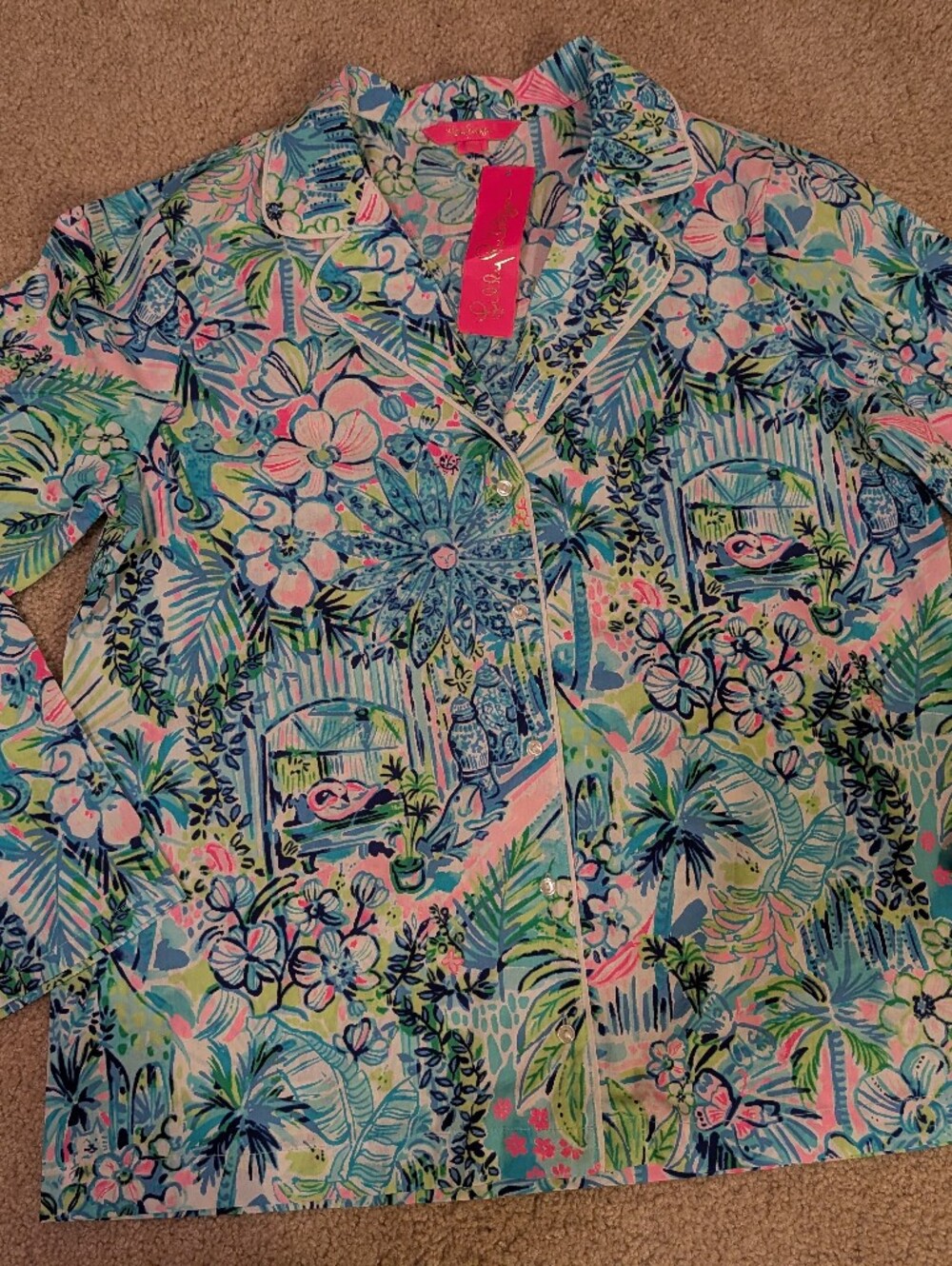 Lilly Pulitzer Tropical Floral Button-Down Pajama Top - Pink, Blue, Green, White